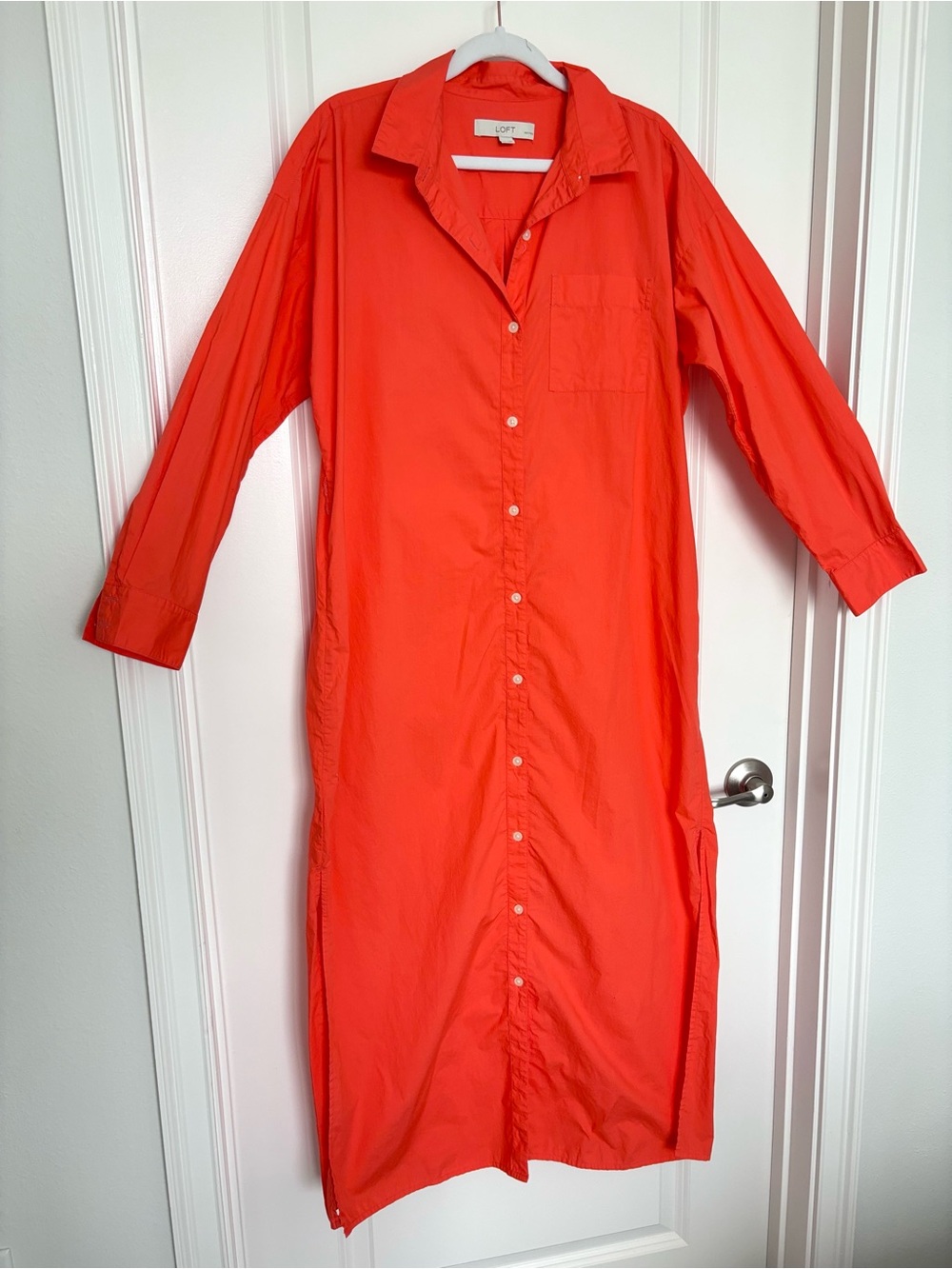 100% Cotton LOFT Orange Shirt Dress Button Front Long Sleeve Medium Petite Fall